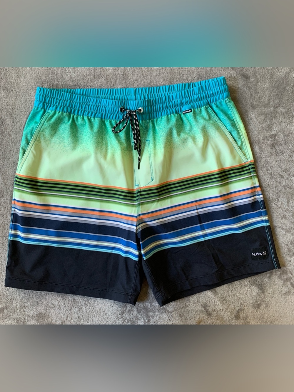 Hurley Blue/Green striped Swim Short with Teal Stitching